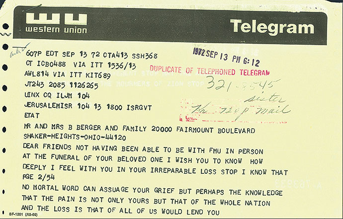 4) Telegramm der israelischen Ministerpräsidentin Golda Meir an David Bergers Eltern, Jerusalem, 13. September 1972