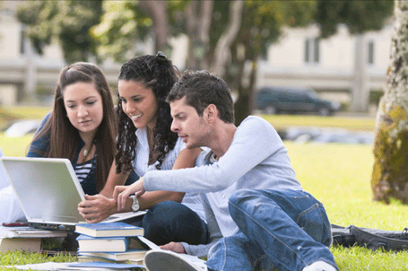Internationale Studierende beim Lernen auf einer Wiese