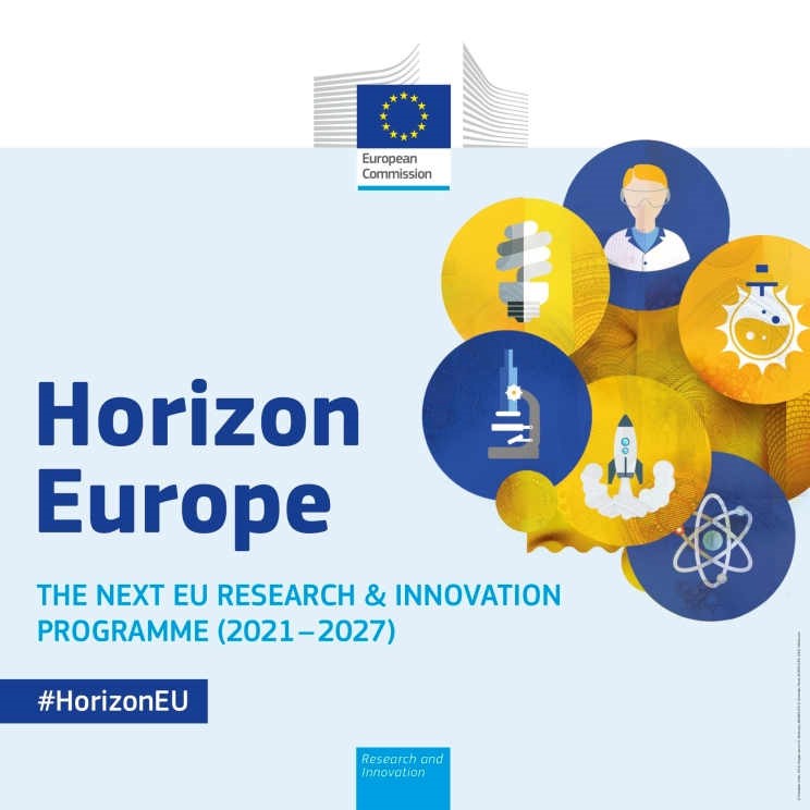 Das Bild zeigt das Logo des neuen Rahmenprogramms für Innovation und Forschung. Zu sehen ist der Schriftzug 'Horizont Europe'.