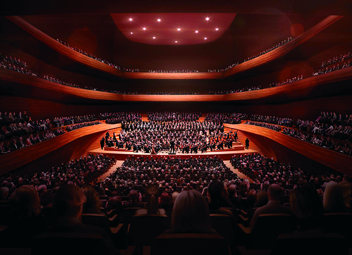 Der Entwurf des Architekturbüros Cukrowicz Nachbaur aus Bregenz, das im Sommer 2018 mit den Planungen für das Konzerthaus München beauftragt wurde, gibt einen Einblick in die mögliche Raumgestaltung für den Großen Saal des Konzerthauses München