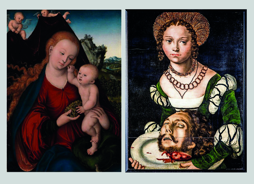 Die beiden Gemälde des Renaissance-Meisters Lucas Cranach d.Ä. ‚Salomé mit dem Haupt Johannes des Täufers‘ (r.) und ‚Madonna mit Kind und Weintraube‘ (l.)