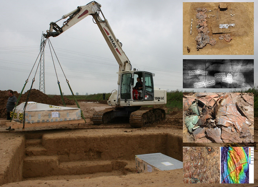 Bergung des Keltengrabes in Otzing 2011. Gesamtsituation, Röntgenphotographien, Teilfreilegung der Keramik, Analyse der Gewebematerialien (Fotos: Archäologische Staatssammlung München (ASM), E. Blumenau, Dr. E. Claßen, St. Gussmann, St. Friedrich, Chr. Mazzola)