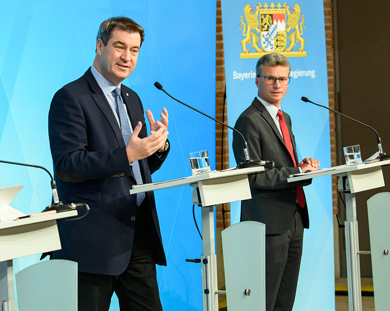 Pressekonferenz für Kunst und Kultur in Bayern während Corona: (v.r.n.l.) Kunstminister Bernd Sibler, Ministerpräsident Dr. Markus Söder