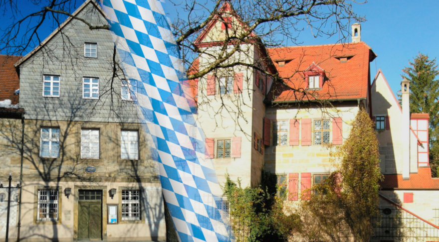 Bildmontage links: Alte Münze in Bayreuth, rechts das Schloss Grünsberg in Altdorf bei Nürnberg