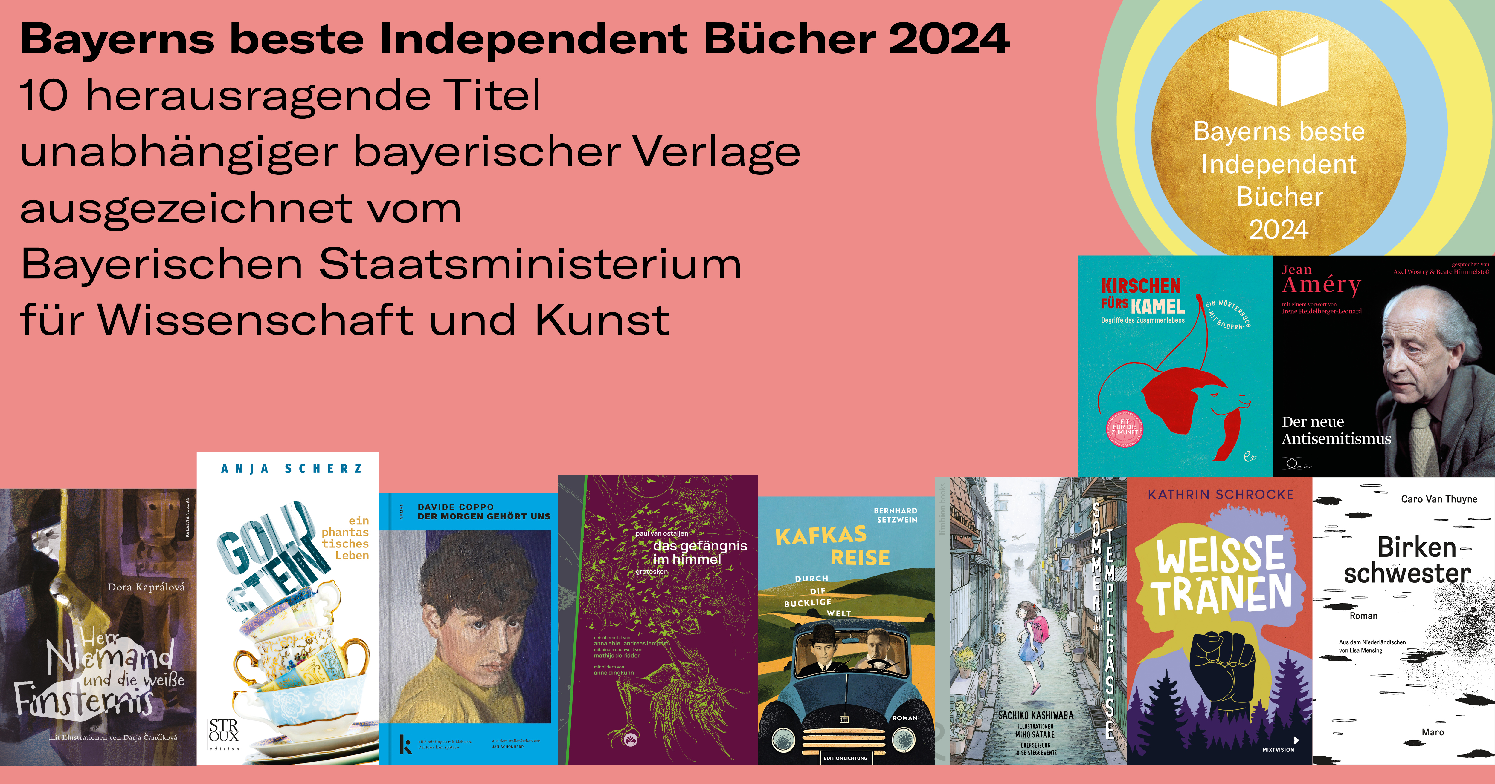 Eine Collage der Buchcover von Bayerns besten Independent Büchern des Jahres 2024 (© StMWK)